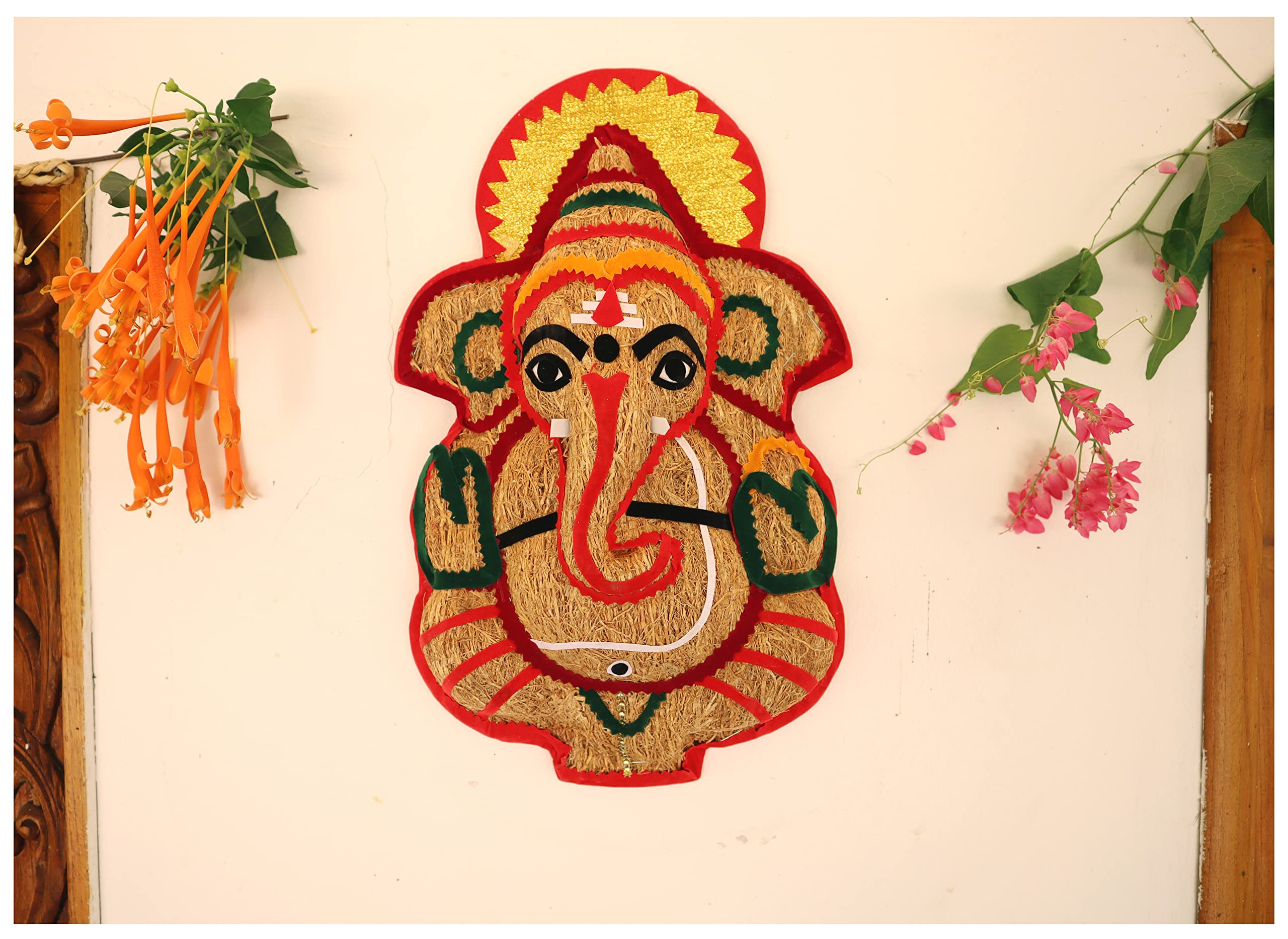 Usira Vetiver Mantapa Ganesha Ji Statue,Ganpati Wall Hanging Sculpture Mantapa Lord Ganesh Idol Lucky Feng Shui Wall Decor (Gold
